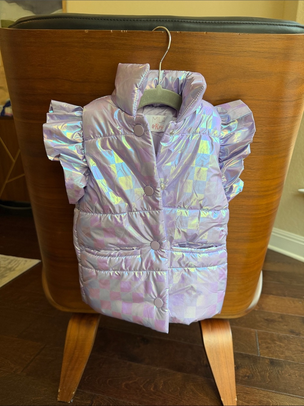 Iridescent Lavender Puff Vest with Ruffle Sleeves Mila & Rose Size 3/4